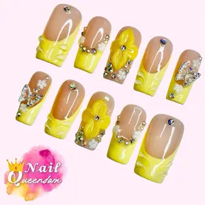 Nail Queendom [SUNSHINE WINGS] Handcrafted 3D Press-On Nails Reusables Long Lasting Salon Quality Easy Application 10 Pieces Set Eco-Friendly 3D-gel Finish
