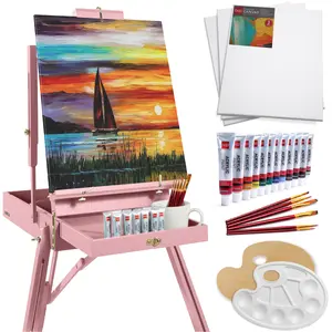 Best Choice Products French Easel, 32pc Beginners Kit Portable Wooden Adjustable Tripod  w/ Paint Supplies
