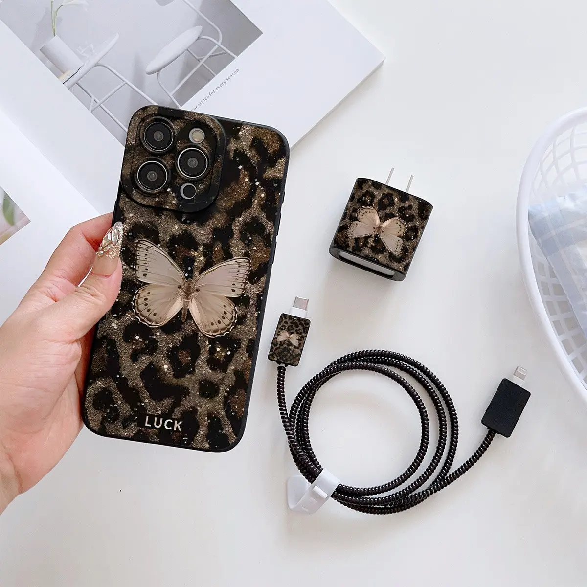 6-Piece Leopard Print and Butterfly Pattern Phone Case Set, Includes Charger Protection Sleeve, Data Cable Protection Sleeve, Compatible with iPhone 11 to 16, Perfect Gift for Family and Girlfriend