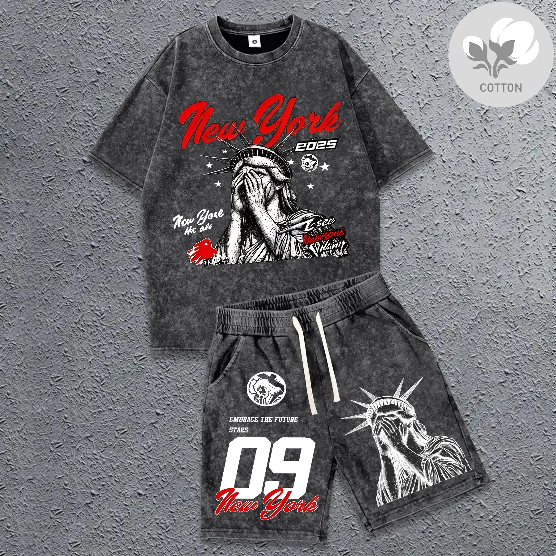 Men's 2-Piece Pure Cotton Sports Casual Outfits - Shortsleeve Graphic Tee & Shorts Set, American Street Style Snowflake Letter Print, Breathable Lightweight, Ideal for Surfing, Great Boyfriend Gift, Men's 2 Piece Sets, Round Neck, Fashion Apparel