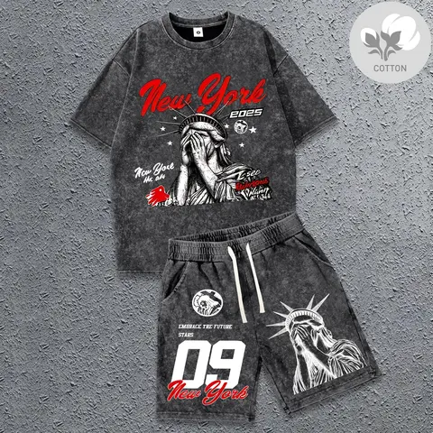 Men's 2-Piece Pure Cotton Knitting Menswear Set - American Street Style Crew Neck Short Sleeve Graphic Tees, Above the Knee Shorts, Breathable Summer Outfits Inspo with Snowflake Letter Print, Figure-Flattering Fit