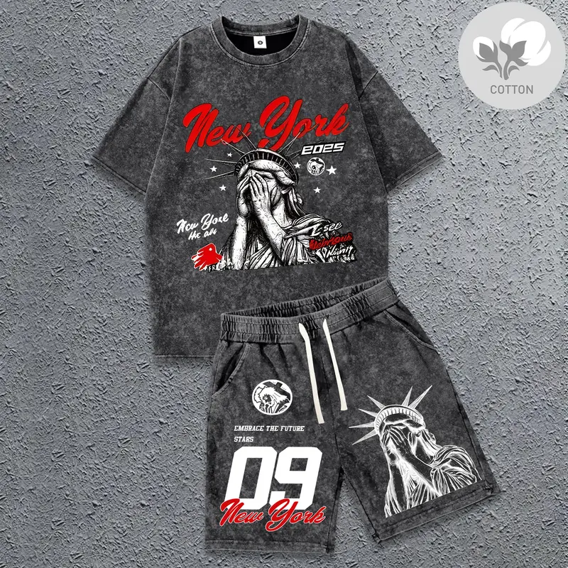 Men's 2-Piece Pure Cotton Knitting Menswear Set - American Street Style Crew Neck Short Sleeve Graphic Tees, Above the Knee Shorts, Breathable Summer Outfits Inspo with Snowflake Letter Print, Figure-Flattering Fit
