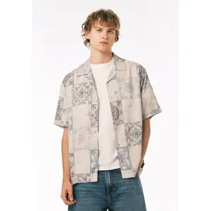 Sandro Men’s Printed Short Sleeve Camp Shirt, Temple Grey - BM24790