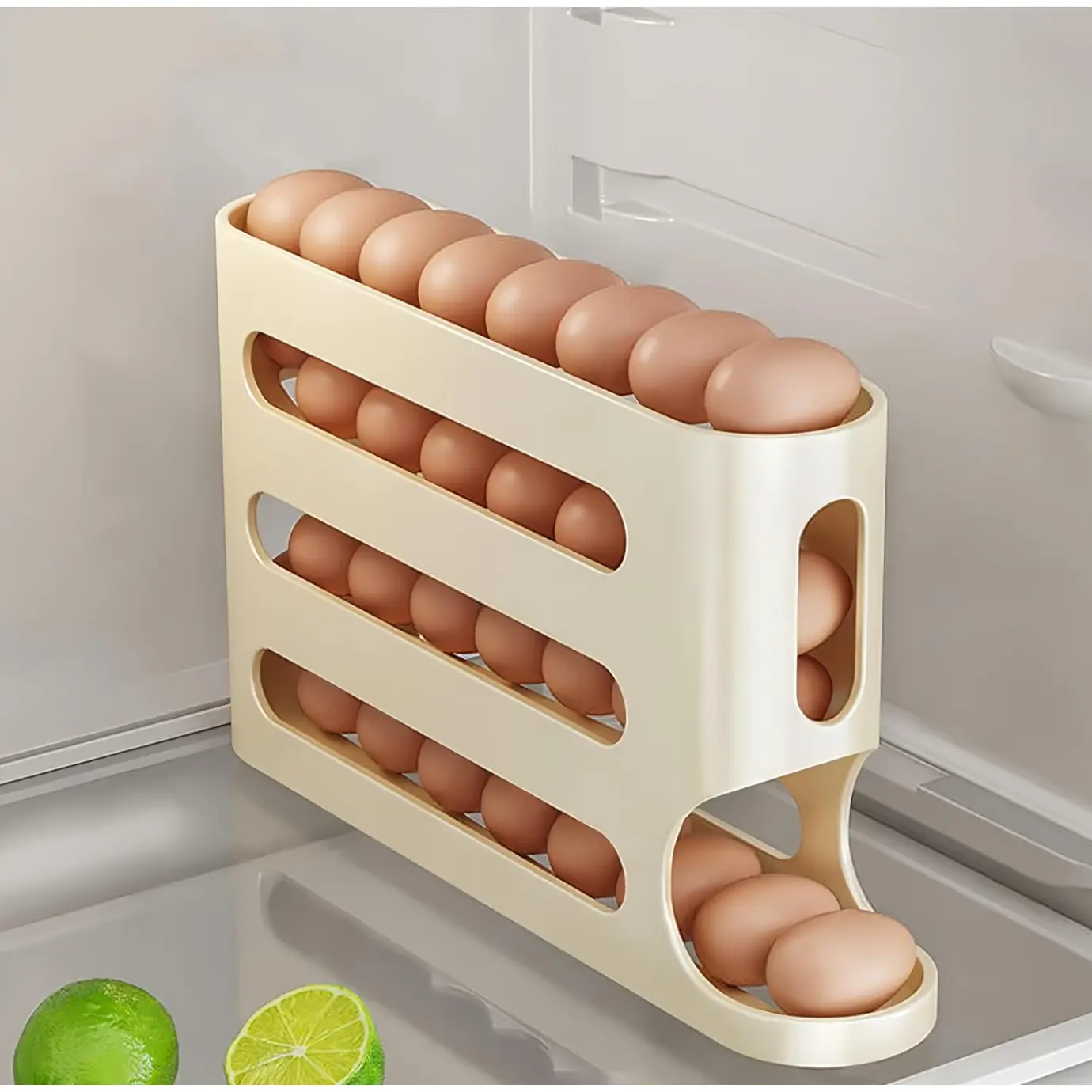 Automatic Rolling Egg Dispenser - 4-Tier Stackable Fridge Organizer, Space-Saving Slide Holder for Up to 30 Eggs, Ideal for Fridge Organization & Busy Households with Rolling Access