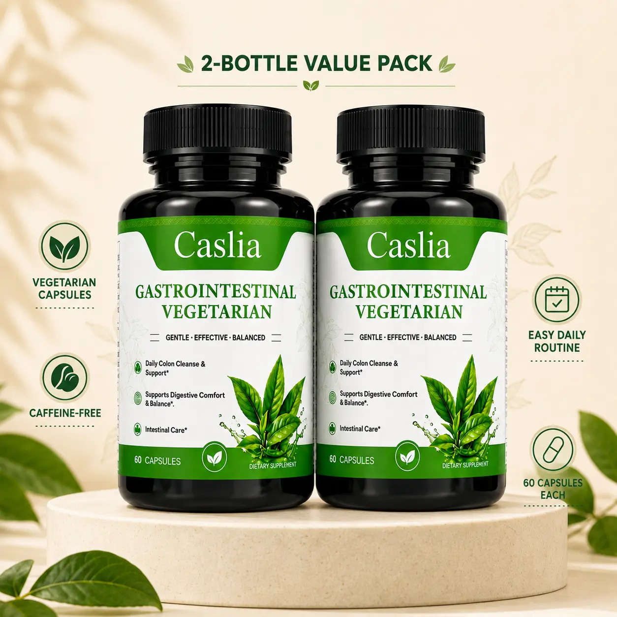 Gut & Digestive Wellness Supplement, caslia gut health 2-Bottle Pack, Plant-Based Vegetarian Capsules for Daily Digestive Comfort & Balance, 120 Capsules Total for Adults complete health regularity digestion cleanse