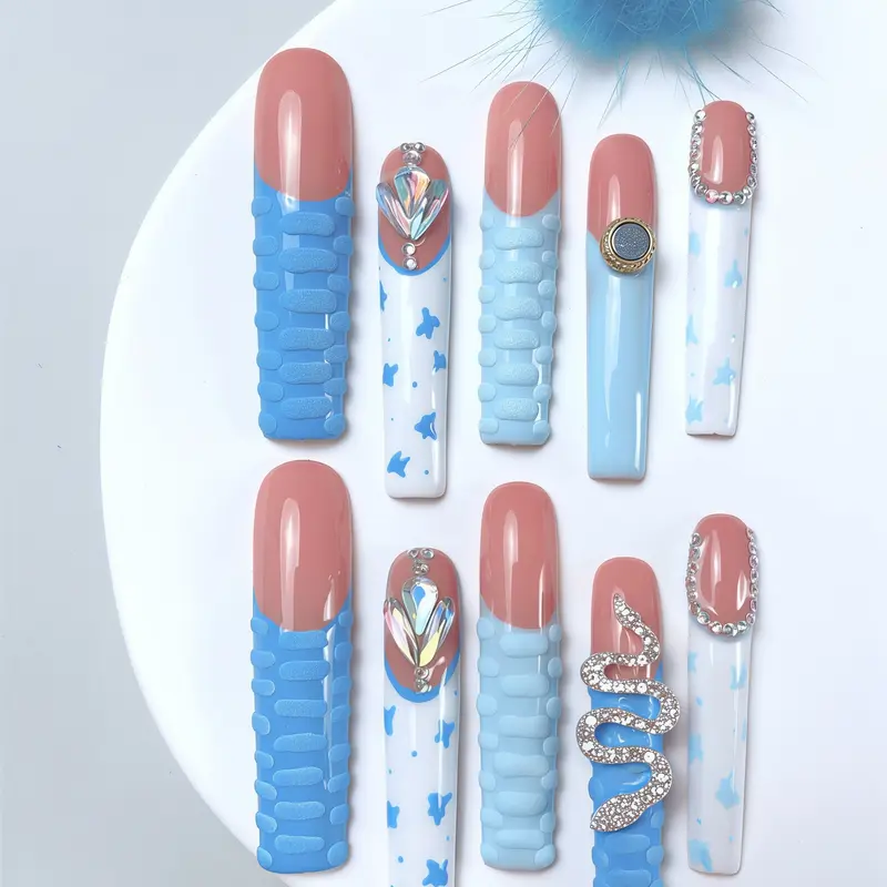 10Pcs Handmade Press on Nails. Premium nude pink & white long nails with red heart patterns, 3D bows and delicate details, glossy smooth handmade finish.