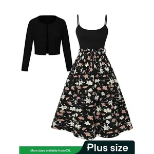 ?? Plus Size? Plus-size two-piece set featuring a solid long-sleeve cardigan and a belted cami dress; casual, cozy, and fashionable for daily outdoor wear; women’s plus-size clothing suitable for all seasons; womenswear.