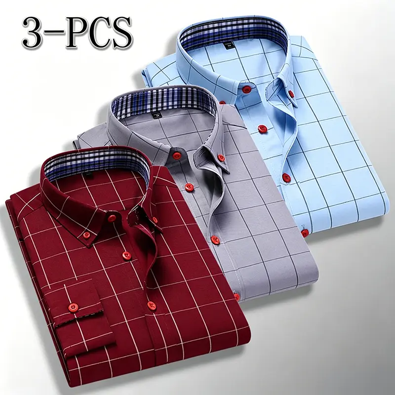 Men’s 3-Pack Checked Long Sleeve Oxford Shirts - 60% Polyester/40% Cotton, Red Buttons, Chic Color-Block Business Casual Tops, Checked Pattern, Button Front