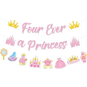 Four Ever A Princess Banner - 3 count Pre-Strung Princess 4th Birthday Party Decorations Glitter   Castle Crown Carriage Ceiling Garland Decor Happy 4  Party Supplies for Girls