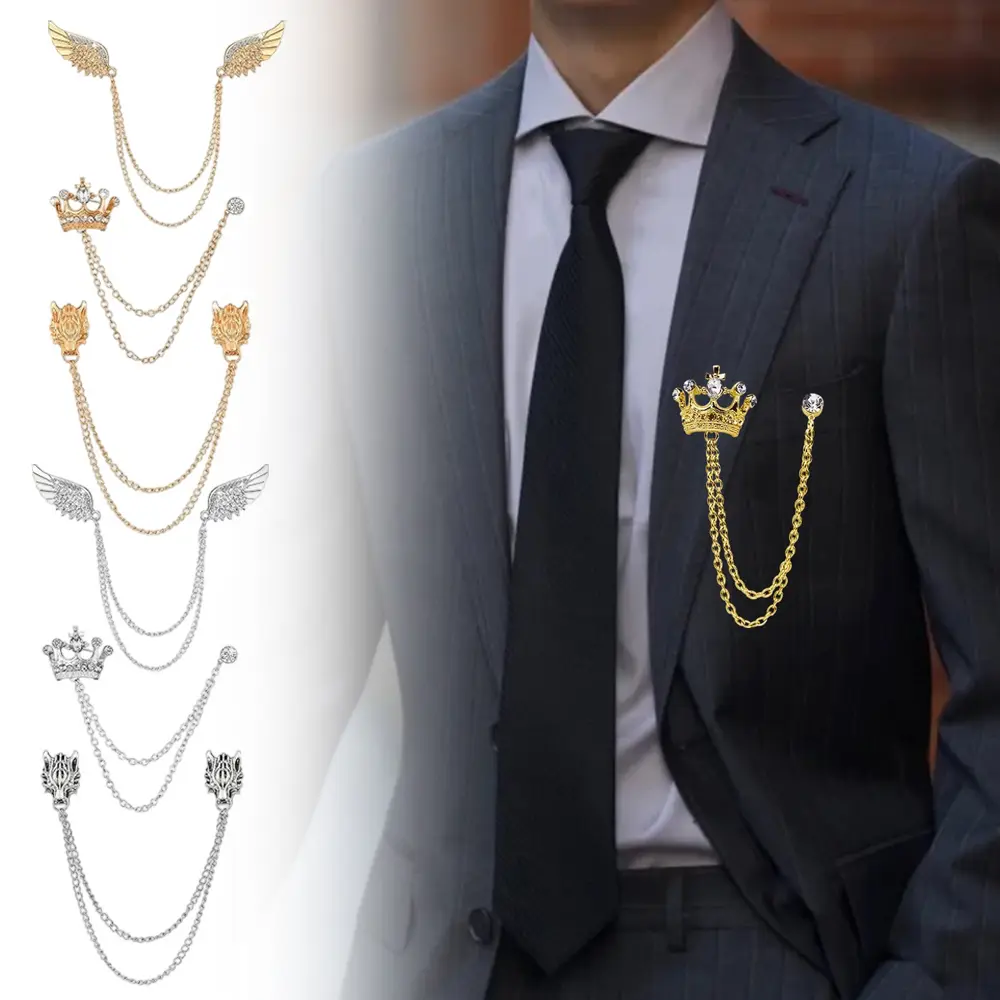 Men's 6-Piece Brooch Set, Vintage Gold Tassel Chain Lapel Pins with Rhinestone Animal & Crown Designs, Alloy Suit Accessory for Wedding Anniversary Birthday Gift, 6 Pieces, Business, Father, Clasps At The Back, Not Easy To Deform, Evening, Alloy Metal