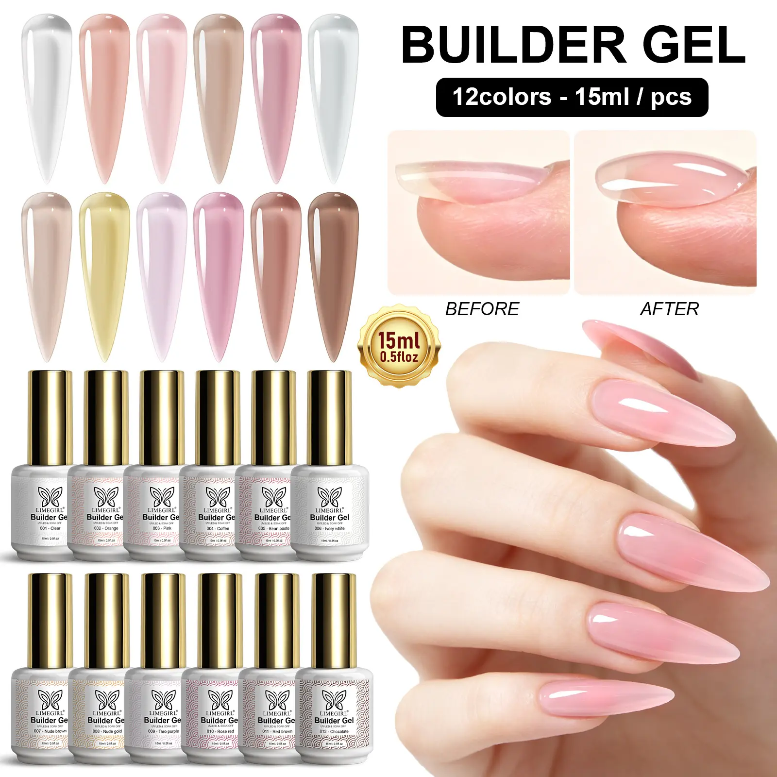 LIMEGIRL Builder Gel Set 6Color 15ML for Nail Extension Long Lasting Quick Building UV Gel Soak Off Nail Art Design DIY Nail Salon Kit Nail Care Nail Polish