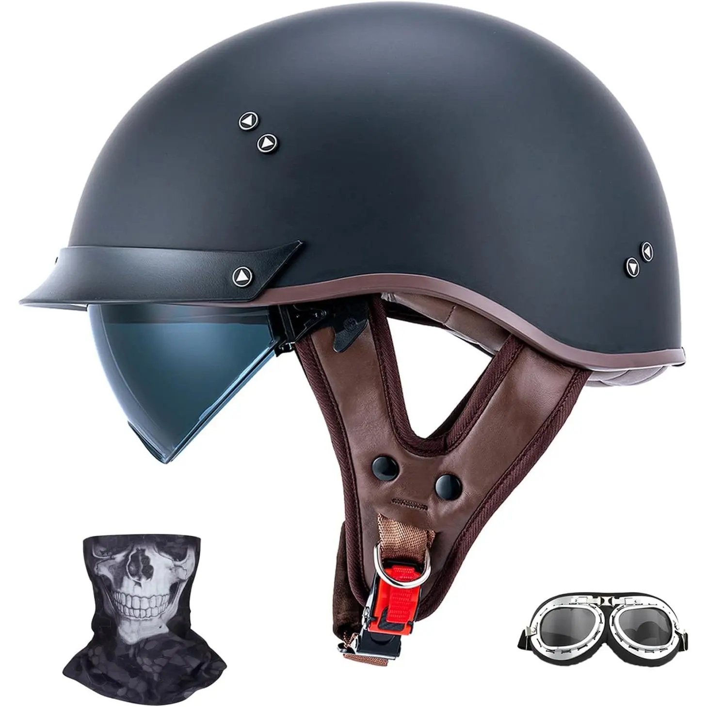 m-angel Half Face Helmet - 1 DOT Approved Retro Look Open-Face Helmet for Men-Women, ABS Shell, Chiefs Crown Design, Sun Visors, Quick Strap Buckle, Cruiser Fit MM107