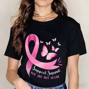 Pink Ribbon Butterfly Support Squad You Are Not Alone Printed T Shirt Black Casual Loose Fit For Everyday Wear And Sports Activities