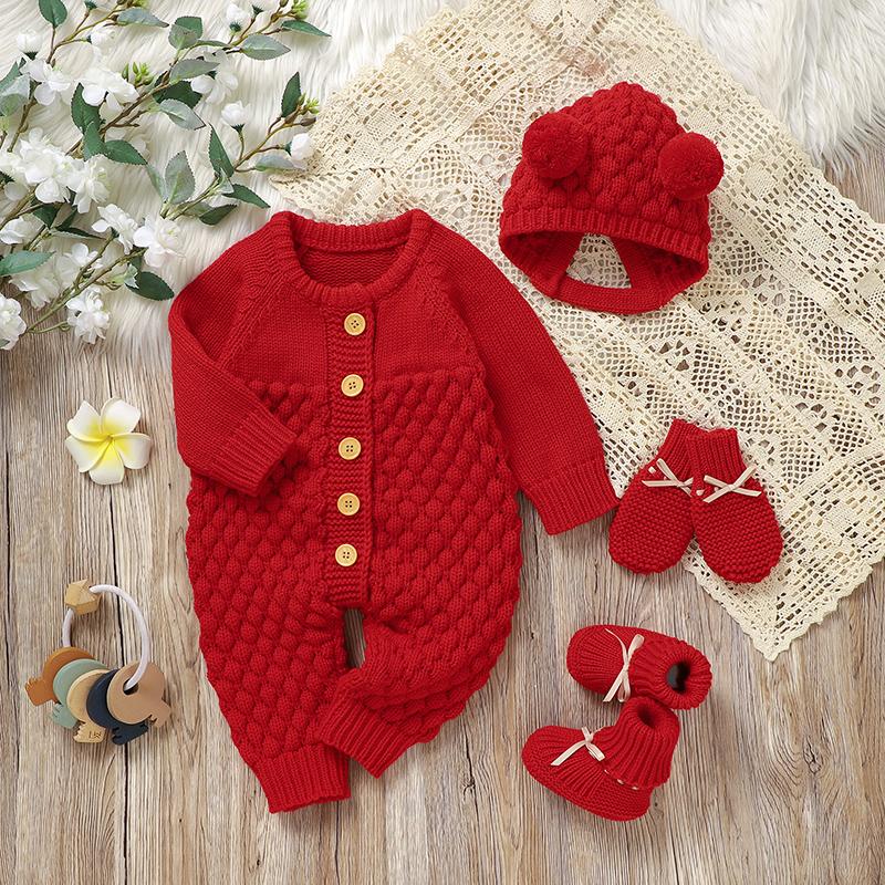 MIMIXIONG Baby Romper Set with Matching Shoes Hat and Gloves in Red Knit Design for Infants