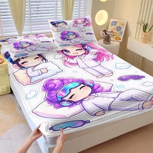 3-Piece K-pop Pajama Party Fitted Sheet Set, 1 Fitted Sheet + 2 Pillowcases, Soft Comfortable Breathable Fabric, Deep Pocket Non-Slip Mattress Cover, All Season Kawaii Anime Bedding for Kids Girls Teens Bedroom