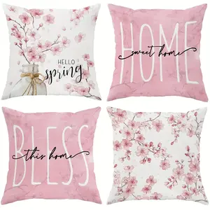 4pcs, Pink Cherry Blossoms & Welcome Spring Throw Pillow Covers, "Bless the Sweet Home" Design, Suitable Spring Home Decoration, Enhancing Home Atmosphere, Seasonal Ambiance, Single Sided Printing, No Pillow Core