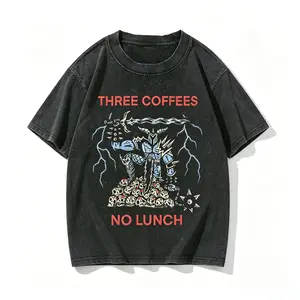 Unisex Vintage Stone Washed Three Coffees No Lunch Viking Warrior Skull Lightning Retro Grunge Oversized Heavy Cotton Funny Coffee Lover Casual T-Shirt