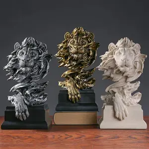 King of Lion Statue Silver Golden Lions Desk Sculpture Home Office Bar Decor Resin Animal Model Crafts Art Ornaments