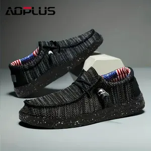 Men's casual canvas slip-on with decorative laces - comfortable,one-piece sports suitable for all seasons,lightweight canvas upper, American flag print lining,everyday Runner Trainer Athletic Training Closed Sneaker Running Boy Footwear Women Black