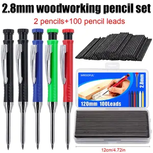 2.8mm Carpenter Pencil Set with 2 pencils and 100 12cm refills, 40mm long pointed deep hole marking tool, suitable for woodworking, furniture manufacturing, construction, metal pipe, drywall cutting, deep hole marking