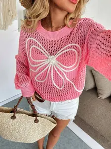 Women's Bow Embroidery Sweater, Casual Long Sleeve Crew Neck Jumper for Spring, Fashion Women's Knitwear for Daily Wear,  Clothes for Women