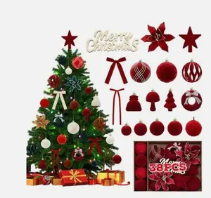 38 PCS Velvet Christmas Tree Ornaments Sets - Burgundy Christmas Tree Decor Red
