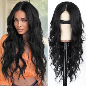 Black Wig for Women 26 Inch Long Wavy Lace Hairline Wig Middle Part Synthetic Heat Resistant Natural Looking Wig for Outdoorfun Daily Party