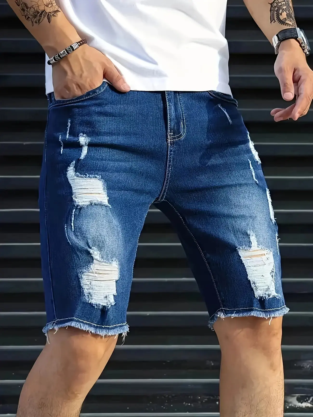 Men's light blue ripped stretch denim shorts - casual knee- with frayed edges and distressed details In Style, machine washable, slim summer fit, in durable fabric, stylish streetwear for men Breathable comfort flex