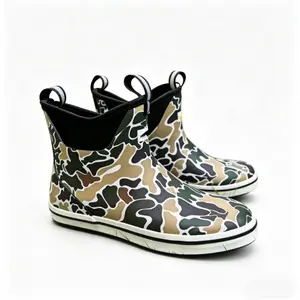 Camo Waterproof Ankle Boots for Men Women, Slip On Anti-Slip Neoprene Rain Boots, Durable Outdoor Deck Boots for Fishing Gardening Hunting Work, Lightweight All-Weather Short Booties