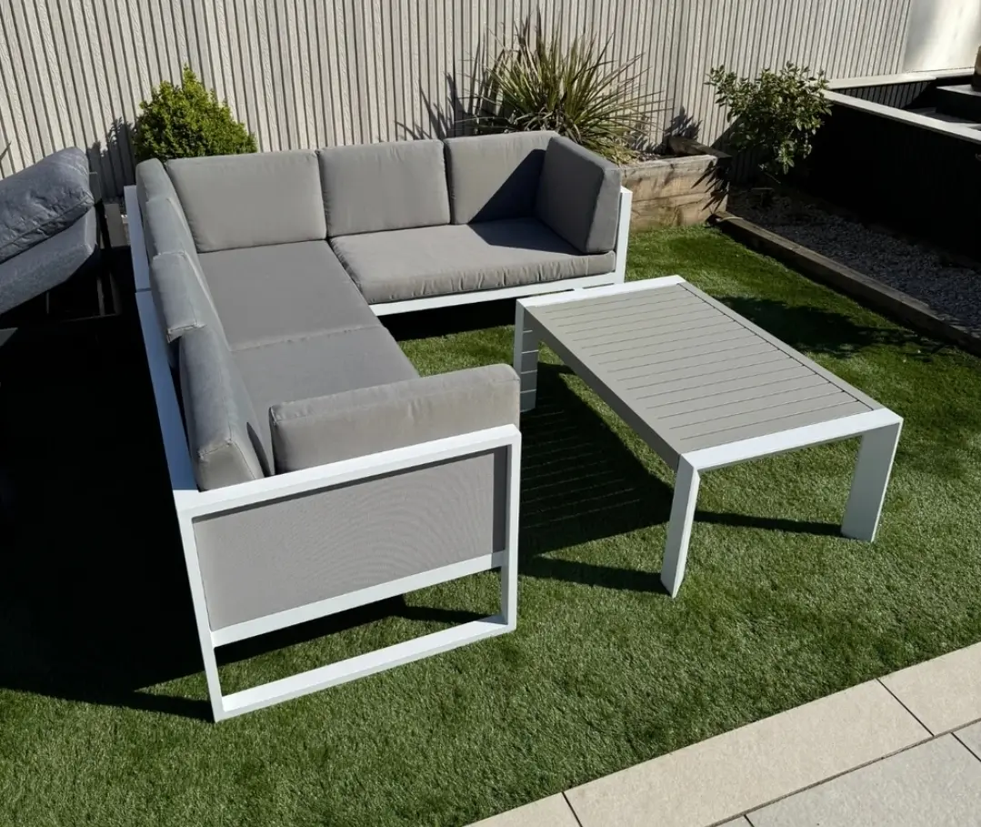 Right Hand Corner Sofa Set in white Aluminium Frame with Grey Cushions