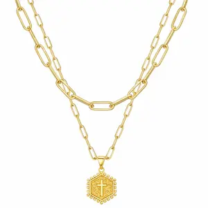 Layered Cross Necklace for Women, Gold Paperclip Chain Stack Necklace, Trendy Necklaces Jewelry Gift