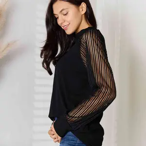 DOUBLE TAKE ROUND NECK RAGLAN SLEEVE BLOUSE Cotton Casual Crew Neck V-Neck Slim-fitting Plain Floral Striped Black