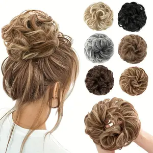 Large Thick Messy Bun Hair Piece, Wavy Curly Synthetic Chignon Ponytail Hair Extensions for Women with Scrunchies