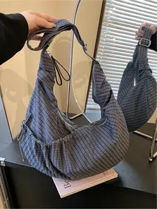 Large capacity lazy style crossbody bag, canvas bag, pleated plaid shoulder bag, personalized trendy horn bag, armpit bag, work shopping bag