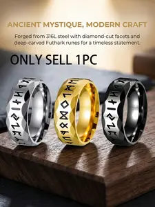 Viking Runes 18K Titanium Steel Ring, Antique Silver Vintage Men's Jewelry / 316 Stainless Steel / Colorfast / Hypoallergenic / Couple / Festival / Party / Ideal Gift