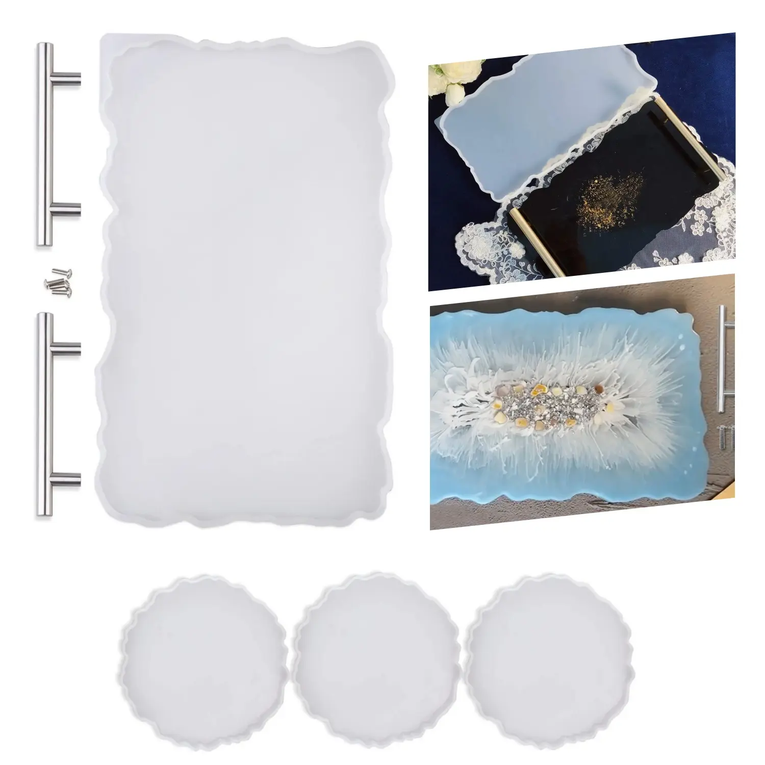Reusable Silicone Epoxy Resin Agate Geode Tray Mold with Silver Handles (8.3x14x0.4in) - Rectangle DIY Kit with 5.3x5.3x0.38in Circular Coaster Molds, Easy Release, Sparkling Effect for Home Improvement, Building, Tableware