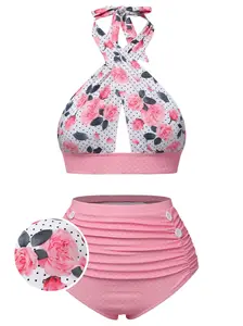 RETRO STAGE Women's 1940s Retro Pink Cross-Halter Floral-Printed Backless 2-Piece Swimsuit with Button Decor for Beach, Travel
