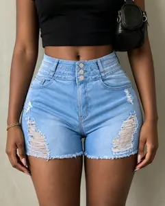 Jean Shorts Womens Stretchy High Waisted Ripped Denim Shorts with Pockets Trendy Distressed Cut Off Shorts