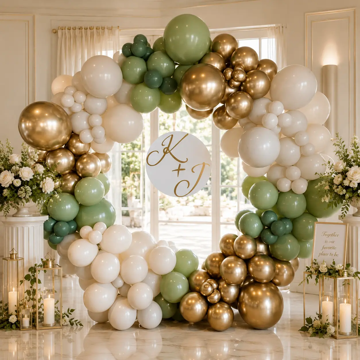 160PCS Sage Green & Gold Balloon Garland Kit, Colorful Balloons Assortment with Olive & White Confetti, Heart-Shaped Foil Pieces for Birthday, Bridal Shower Photo Backdrop & Decoration - Suitable for All Ages