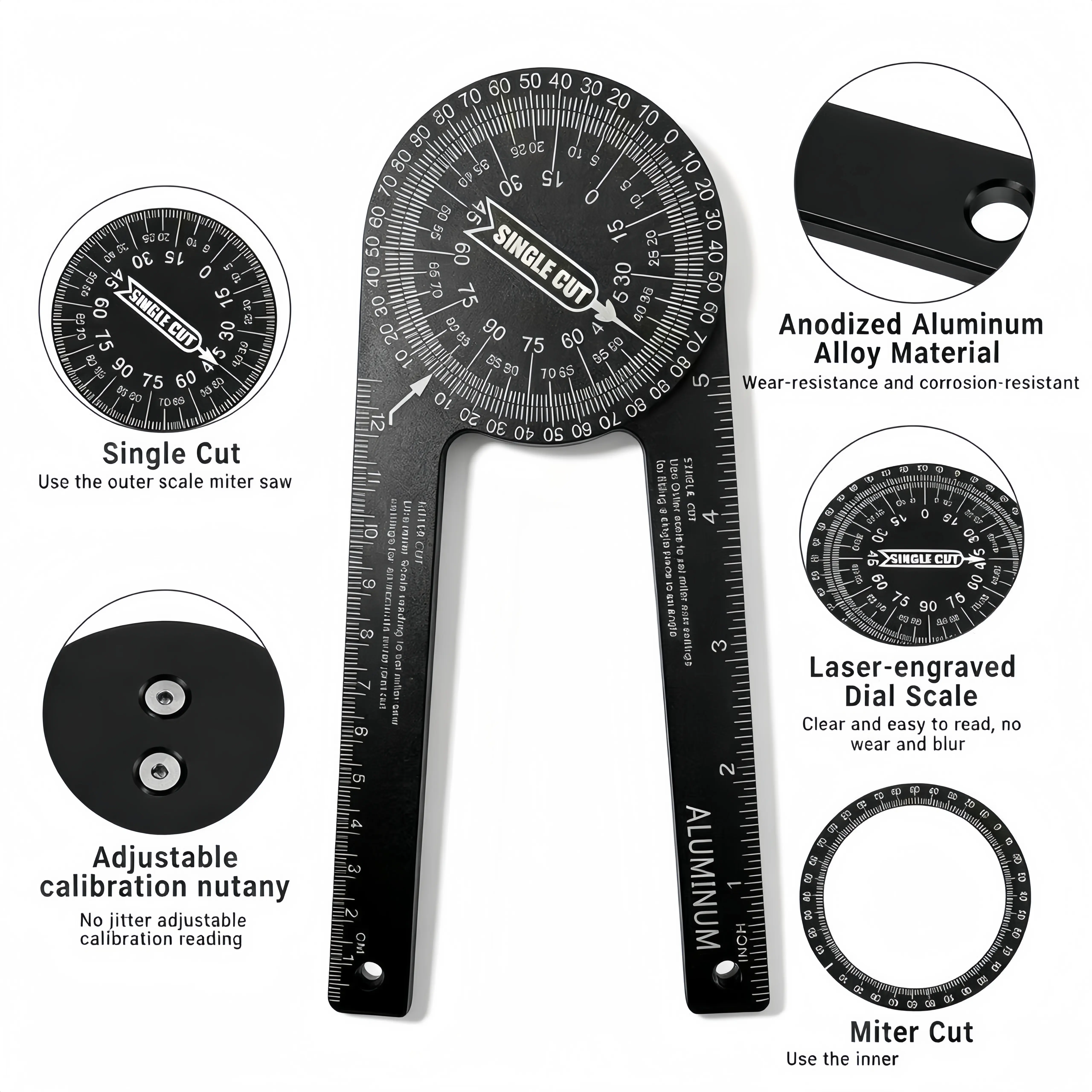 Aluminum Bevel Saw Protractor - Compact Woodworking Tool with Precision Laser Engraved Scale, Rugged Rust-Proof Build, User-Friendly Mechanism, Quick Transfer, Dual-Unit Integrated Ruler Structure, Convenient Storage, Ideal for DIY Projects, Carpenters, W