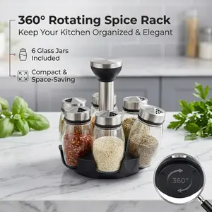 360 Rotating Spice Rack with 6 Glass Jars, Compact Revolving Seasoning Organizer, Space-Saving Kitchen Storage for Spices, Herbs & Condiments