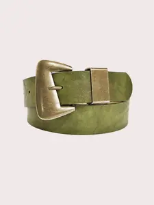 Women PU Belt Olive Y2K Accessories Belts Vintage Irregular Antique Copper Buckle Plain Velvet Waistband for Dresses Casual Western Buckle Belt