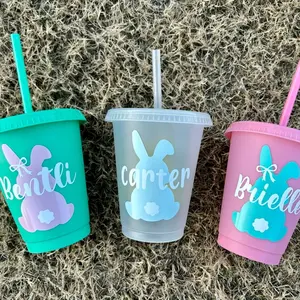 16oz Kids Mini Easter Bunny Personalized Name Cup with Lid and Straw, Reusable, Gifts for Easter Baskets Drinkware Washable Tumbler