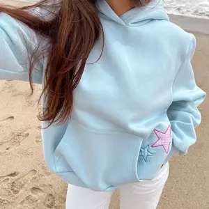 Women’s Star Embroidered Long-Sleeve Hoodie with Pocket – Casual Pullover Streetwear for Autumn/Winter