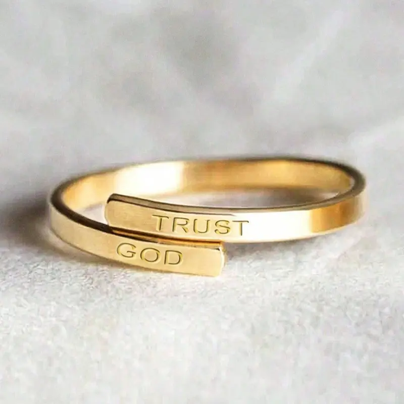 Unisex Appeal Adjustable Fit "TRUST & GOOD" Engraved Ring Trust In God Double Layered Dainty Gold Stackable Finger Rings Band for Men & Women | Trendy Minimalist Inspirational Jewelry Stainless Steel Material