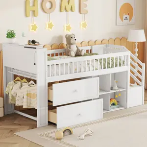 Twin Low Loft Bed Frame with LED Lights and Bookshelf, Wooden Loft Bed with Stairs and Safety Guardrail, Low Loft Bed Twin with 2 Storage Drawers and Shelves, No Box Spring Needed, White