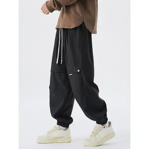 Men's Plus Size Cargo Pants - Relaxed Fit Elastic Waist with Drawstring, Multiple Pockets, Black Geometric Pattern Casual Athletic Jogging Pants, Machine Washable All-Season Comfort, Leisure Cargo Pants, Durable Fabric Pants, PLUS SIZE