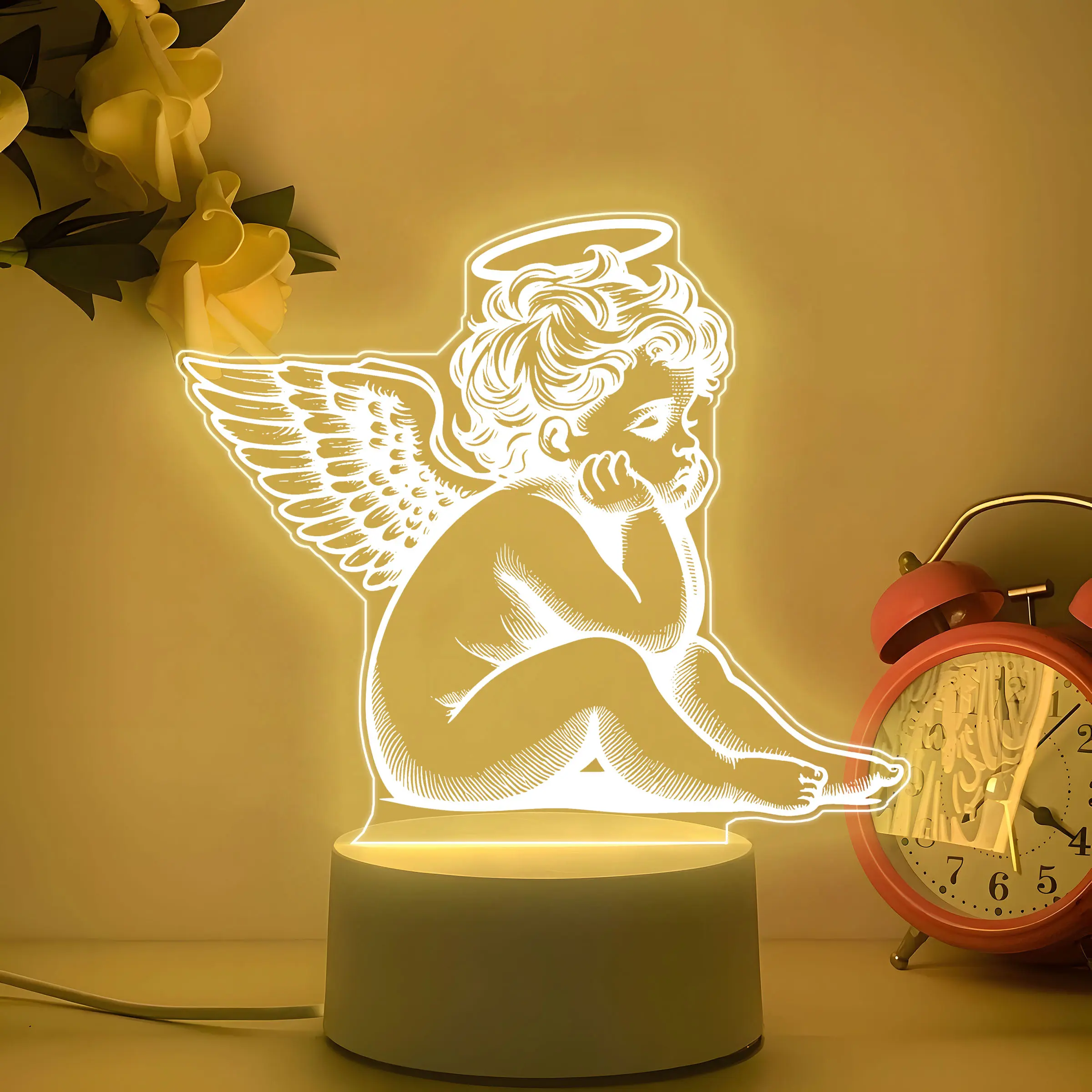 Acrylic LED Night Light, Thinking Angel Design, Christmas Theme, USB Powered, Warm Light, Button Control, Perfect for Bedroom Decor, LED Decoration Lamp, Led Lights Bedroom, Decorative Night Light