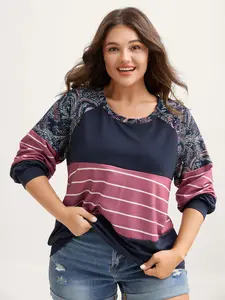 BloomChic Women's Lady Plus Sizes Cozy Longsleeve Hoodie-Sweatshirt, Supersoft Polyester Blend Colorblock Paisley Print Fitted Cut Round Neck Indigo Striped Quarter-Zip Regular Length Summer Casual Pullover Swimweek