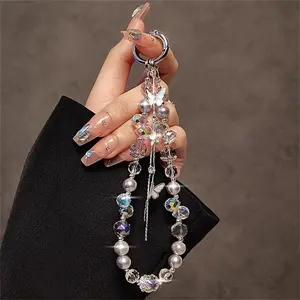 Light luxury premium butterfly tassel colorful crystal mobile phone chain hand wrist lanyard mobile phone keychain bag pendant